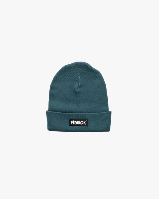 PÉENKOK’ | ORGANIC COTTON BEANIE TEAL WITH A WOVEN PATCH IN RECYCLED POLYESTER EMBROIDERY ON THE FRONT