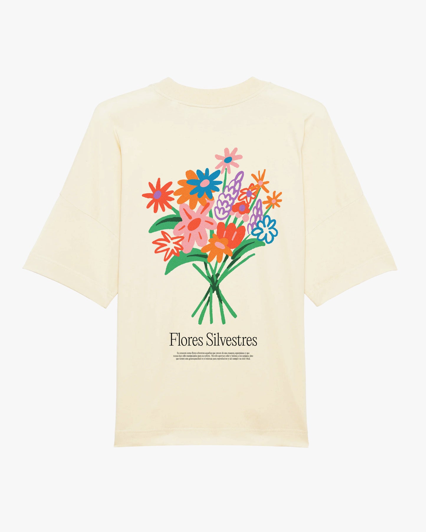 PÉENKOK' | FLORES SILVESTRES ORGANIC COTTON  SUSTAINABLE FASHION T-SHIRT WITH A BUNCH OF PATAGONIAN WILD FLOWERS PRINTED ON THE BACK